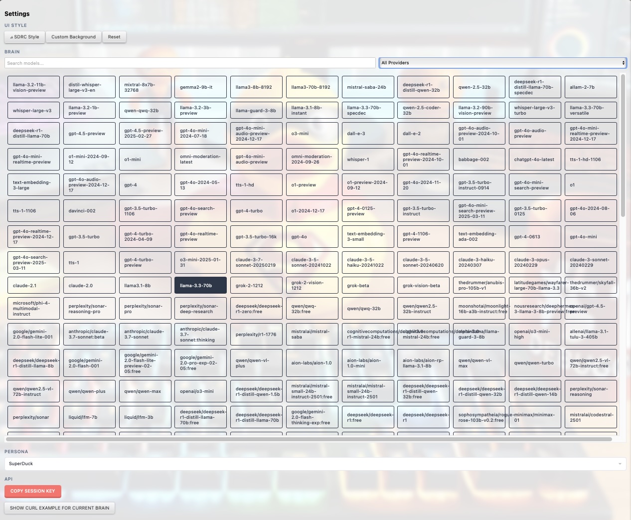 AI model selection interface